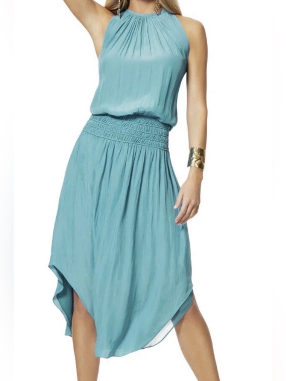 Ramy Brook Aqua High-Low Halter Skirt with Smocked Waist